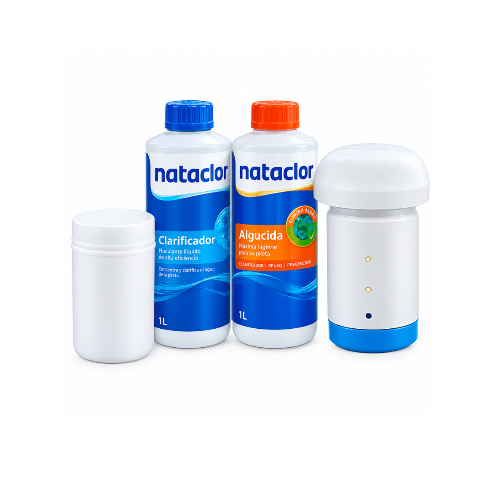 Kit alguicida + clarificador 1lts + pastillas cloro 200g+ boya